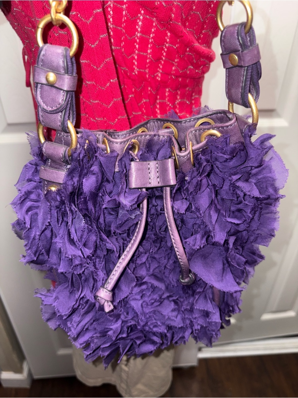 Y2K Vintage Juicy Couture Purple Floral Ruffle Drawstring Shoulder Bag